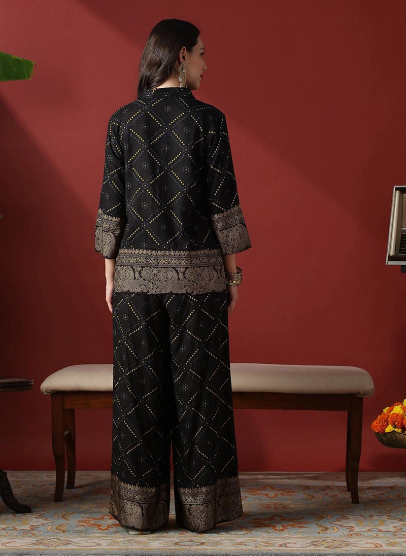 Globus Women Black Collared Neck Gold Foil Bandhani Print Shirt With Palazzos Fusion Co-Ord Set - Image 4